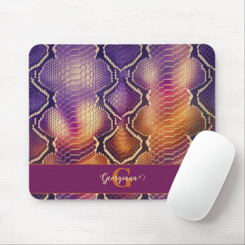 Monogrammed Purple & Gold Shimmering Snake Skin Mouse Pad