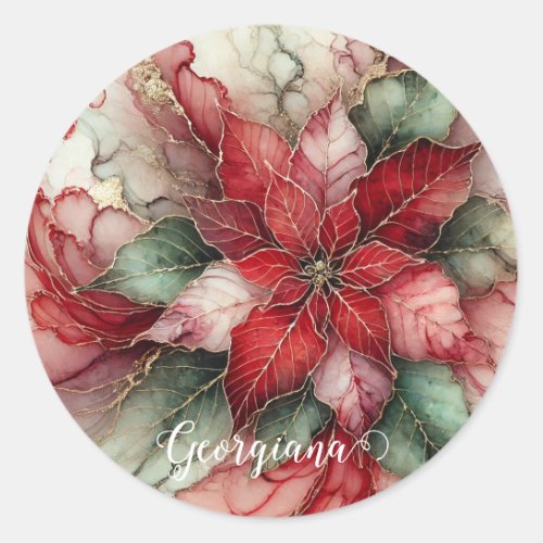 Personalized Festive Floral Alcohol Ink Poinsettia Classic Round Sticker