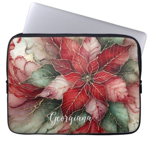 Personalized Festive Floral Alcohol Ink Poinsettia Laptop Sleeve