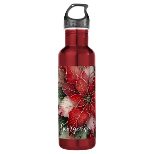 Personalized Festive Floral Alcohol Ink Poinsettia Stainless Steel Water Bottle