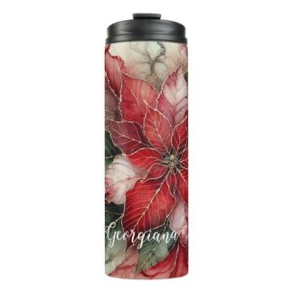 Personalized Festive Floral Alcohol Ink Poinsettia Thermal Tumbler