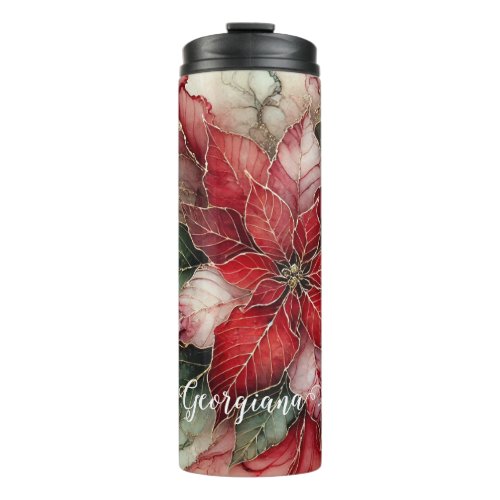 Personalized Festive Floral Alcohol Ink Poinsettia Thermal Tumbler