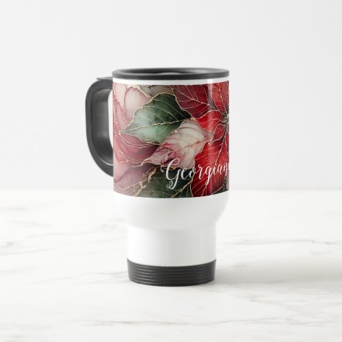 Personalized Festive Floral Alcohol Ink Poinsettia Travel Mug