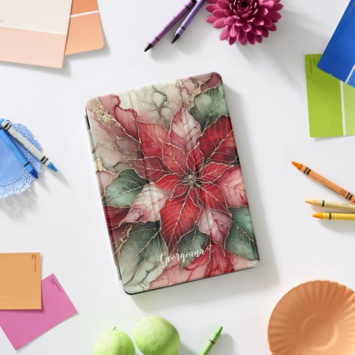 Personalized Festive Floral Alcohol Ink Poinsettia iPad Pro Cover