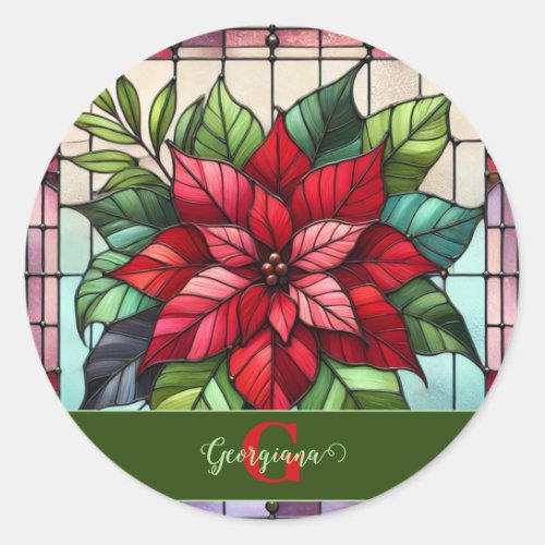 Personalized Festive Stained Glass Poinsettia Classic Round Sticker