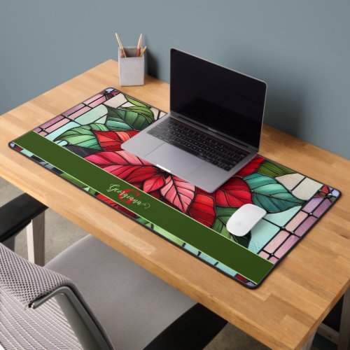 Personalized Festive Stained Glass Poinsettia Desk Mat