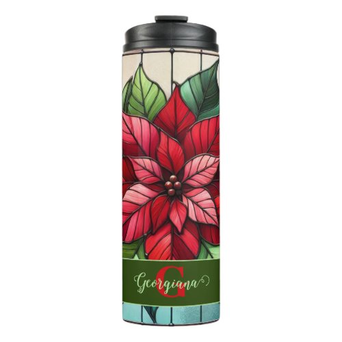 Personalized Festive Stained Glass Poinsettia Thermal Tumbler