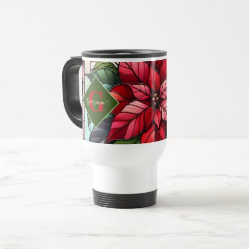 Personalized Festive Stained Glass Poinsettia Travel Mug