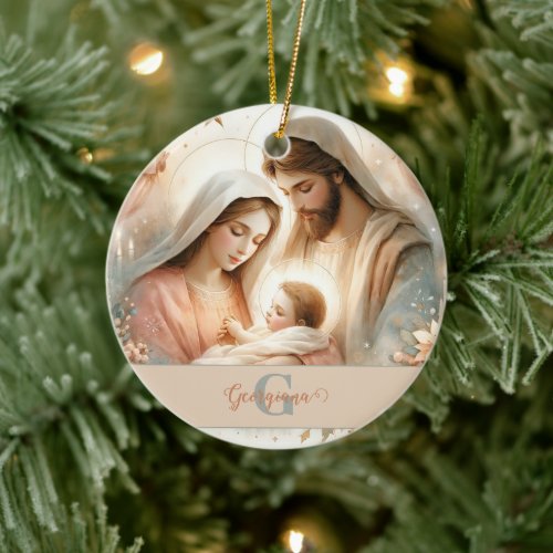 Personalized Floral Watercolor Baby Jesus Nativity Ceramic Ornament
