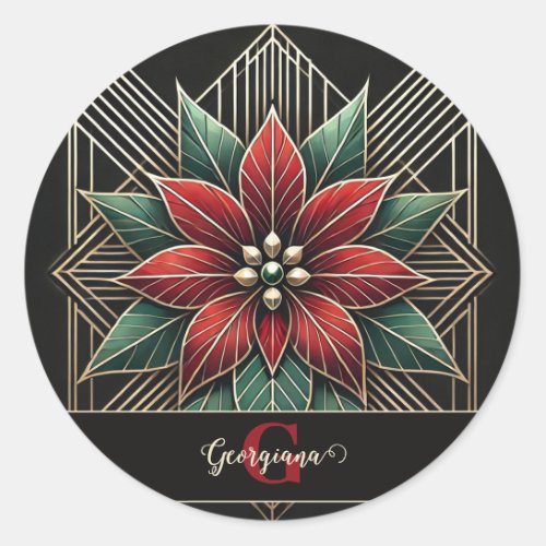 Personalized Retro Floral Art Deco Poinsettia Classic Round Sticker