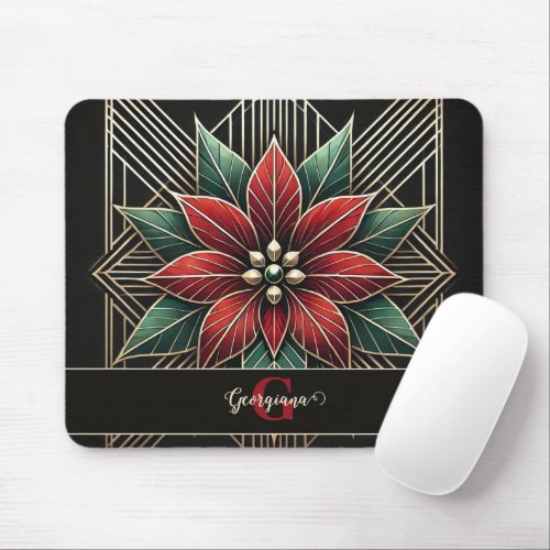 Personalized Retro Floral Art Deco Poinsettia Mouse Pad