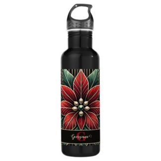 Personalized Retro Floral Art Deco Poinsettia Stainless Steel Water Bottle