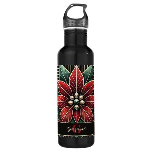 Personalized Retro Floral Art Deco Poinsettia Stainless Steel Water Bottle
