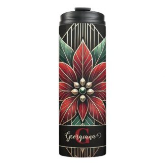 Personalized Retro Floral Art Deco Poinsettia Thermal Tumbler