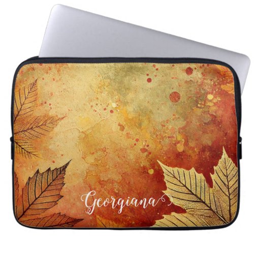 Personalized Rustic Golden Autumnal Distressed Ink Laptop Sleeve