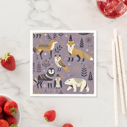 Purple & Gold Scandinavian Animals Decoupage Napkins