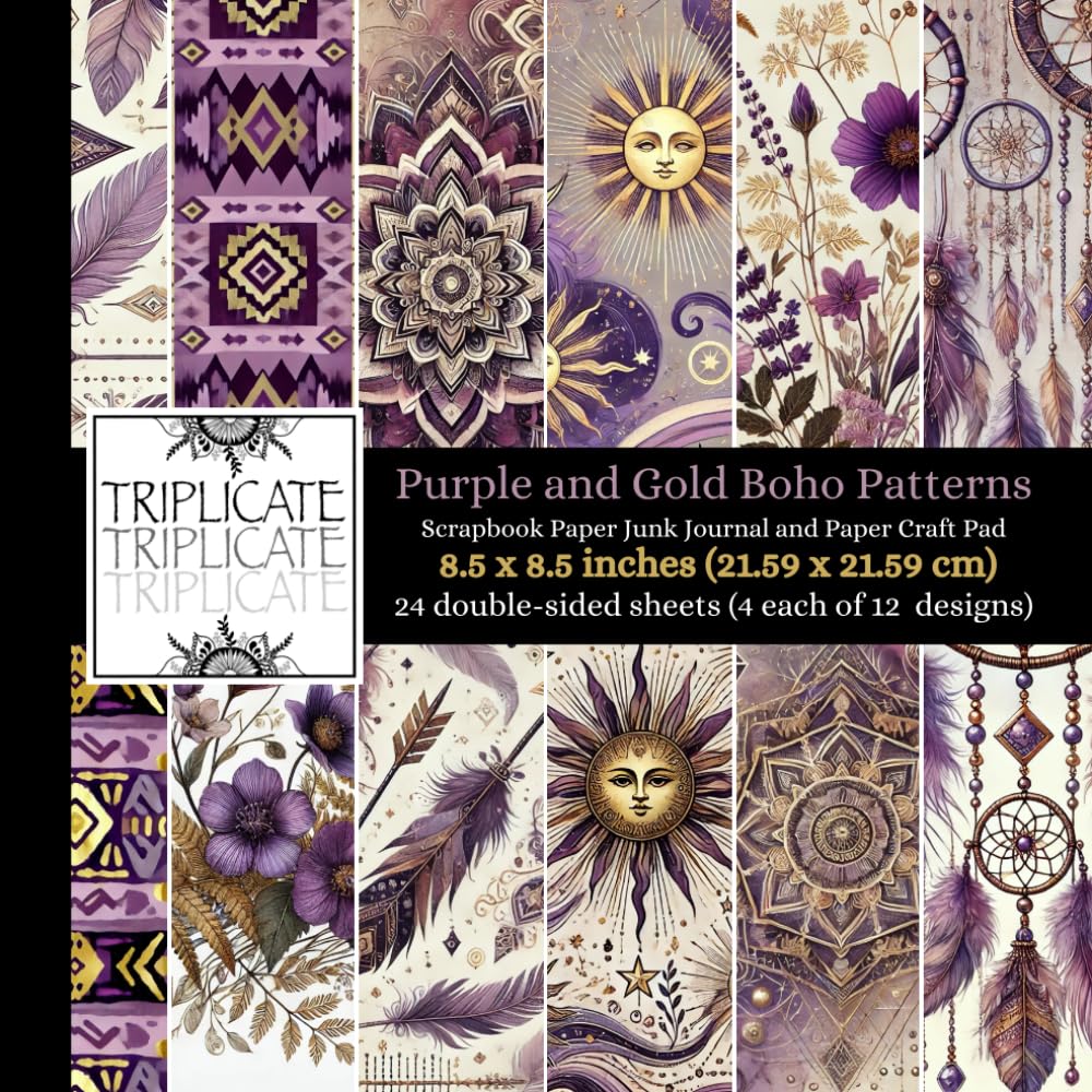 Purple and Gold Boho Patterns Scrapbook Paper Pad: 12 Unique Double-Sided Decorative Craft Papers for Scrapbooking, Card Making, Junk Journaling, and More – 24 Matte Sheets, 8.5 x 8.5 inches