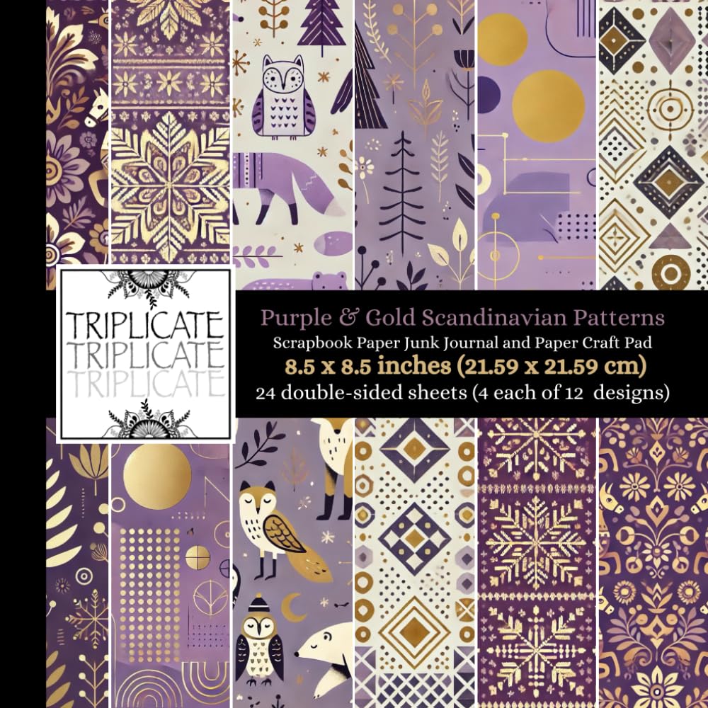 Purple and Gold Scandinavian Patterns Scrapbook Paper Pad: Decorative Craft Paper for Scrapbooking, Card Making, and DIY Journaling – 12 Unique Purple ... 24 Double-Sided Matte Pages, 8.5 x 8.5 Inches