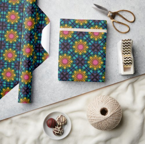 Rainbow Floral Fountain Mandala Diamond Tile Wrapping Paper