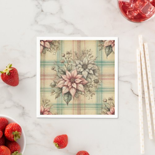 Shabby Chic Plaid Poinsettias Decoupage Napkins