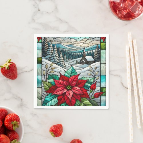 Stained Glass Scenic Winter Poinsettia Decoupage Napkins