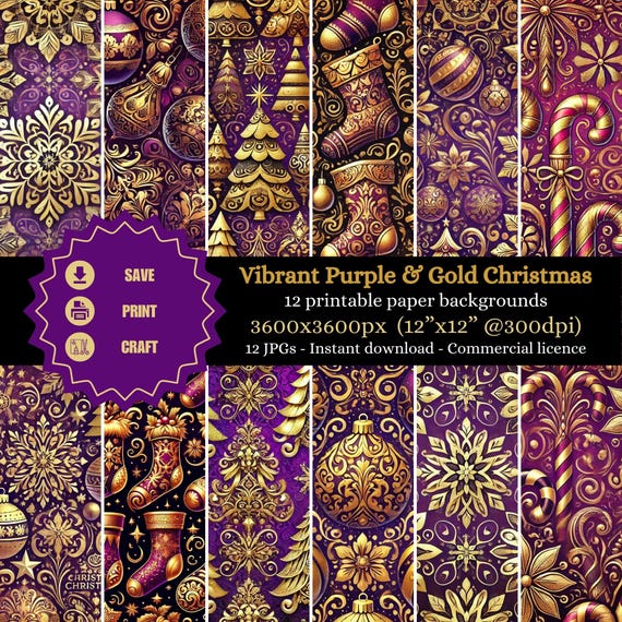Vibrant Purple & Gold Christmas Printable 12x12 Digital Paper Pack, Festive Patterns Download, Ornaments and Snowflakes, Commercial License by sunnydazestudiouk