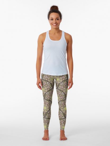 Leggings, Warm Neutrals Pistachio Biscotti Dot Mandala Art Deco Scallop designed and sold by Triplicate Limited