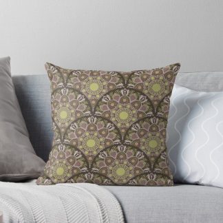 Pillow, Warm Neutrals Pistachio Biscotti Dot Mandala Art Deco Scallop designed and sold by Triplicate Limited
