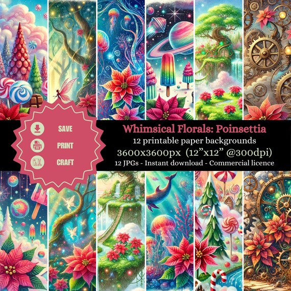 Whimsical Florals Poinsettia Printable Scrapbook Paper, 12x12 Digital Download 300 DPI JPGS, Watercolor Craft Paper, Commercial Use Allowed by sunnydazestudiouk