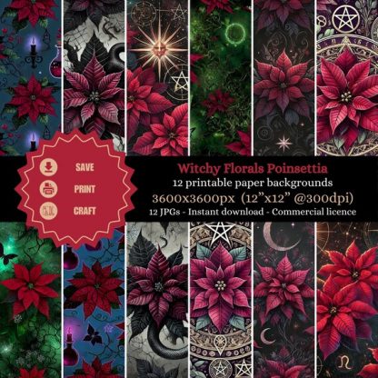 Witchy Florals Poinsettia Printable Scrapbook Paper, 12 Digital Floral Backgrounds, Gothic Celestial Digital Papers, 12x12 Craft Paper by sunnydazestudiouk