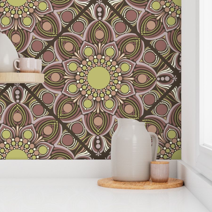 24” Warm Neutrals Pistachio Biscotti Dot Mandala Diamond Tile - Large