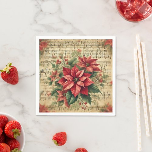 Antique Sheet Music Holiday Poinsettia Découpage Napkins