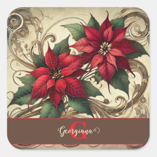 Custom Name Art Nouveau Christmas Poinsettia Square Sticker