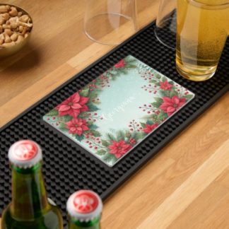 Custom Name Christmas Floral Watercolor Poinsettia Bar Mat