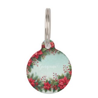 Custom Name Christmas Floral Watercolor Poinsettia Pet ID Tag