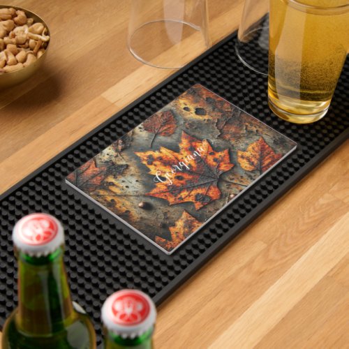 Custom Name Grungy Autumnal Industrial Leaves Bar Mat
