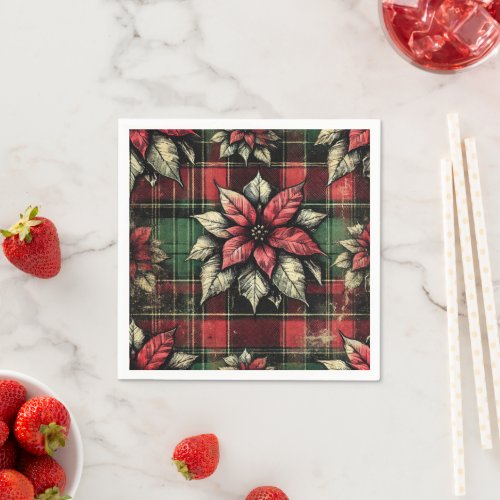 Grungy Poinsettia Plaid Fabric Decoupage Paper Napkins