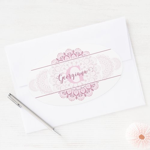 Monogram Pink Confetti Lace Ornamental Mandala Oval Sticker