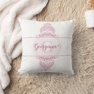 Monogram Pink Confetti Lace Ornamental Mandala Throw Pillow