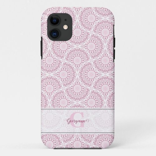 Monogrammed Pink Art Deco Confetti Lace Mandala iPhone 11 Case