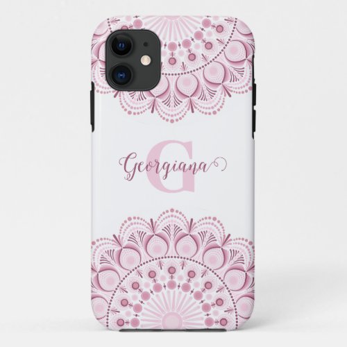 Personalized Dusky Rose Confetti Lace Dot Mandala iPhone 11 Case