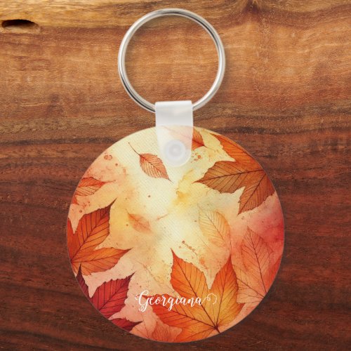 Personalized Warm Autumnal Watercolor Leaves Keychain