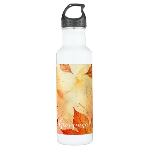Personalized Warm Autumnal Watercolor Leaves Stainless Steel Water Bottle