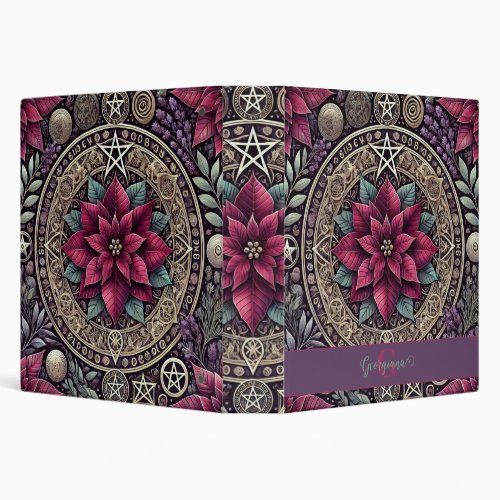 Personalized Witchy Poinsettia Pentagram Mandala 3 Ring Binder