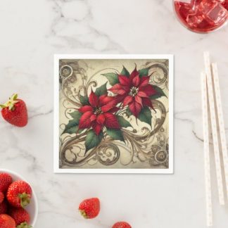 Vintage Art Nouveau Christmas Poinsettia Decoupage Napkins