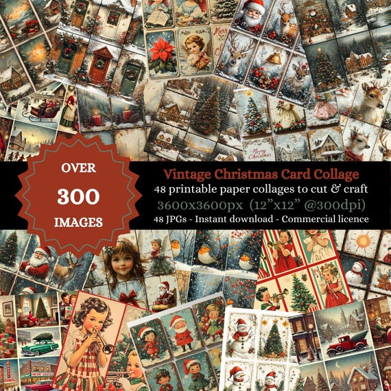 Vintage Christmas Cards Digital Collage & Craft Paper Pack, Printable 12x12 JPGs for Scrapbooking, Journaling, Vision Boards, Commercial Use by sunnydazestudiouk