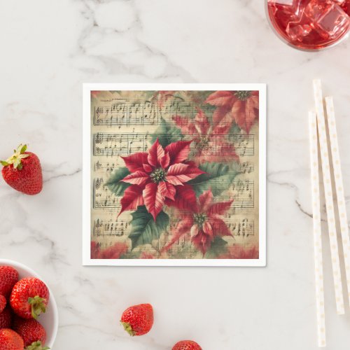 Vintage Christmas Poinsettia Sheet Music Decoupage Napkins