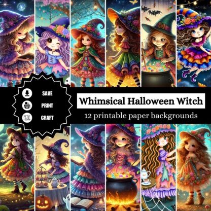 Whimsical Halloween Witch Digital Papers - Printable Craft Backgrounds for Scrapbooking, Junk Journaling & Card Making, Commercial License by sunnydazestudiouk