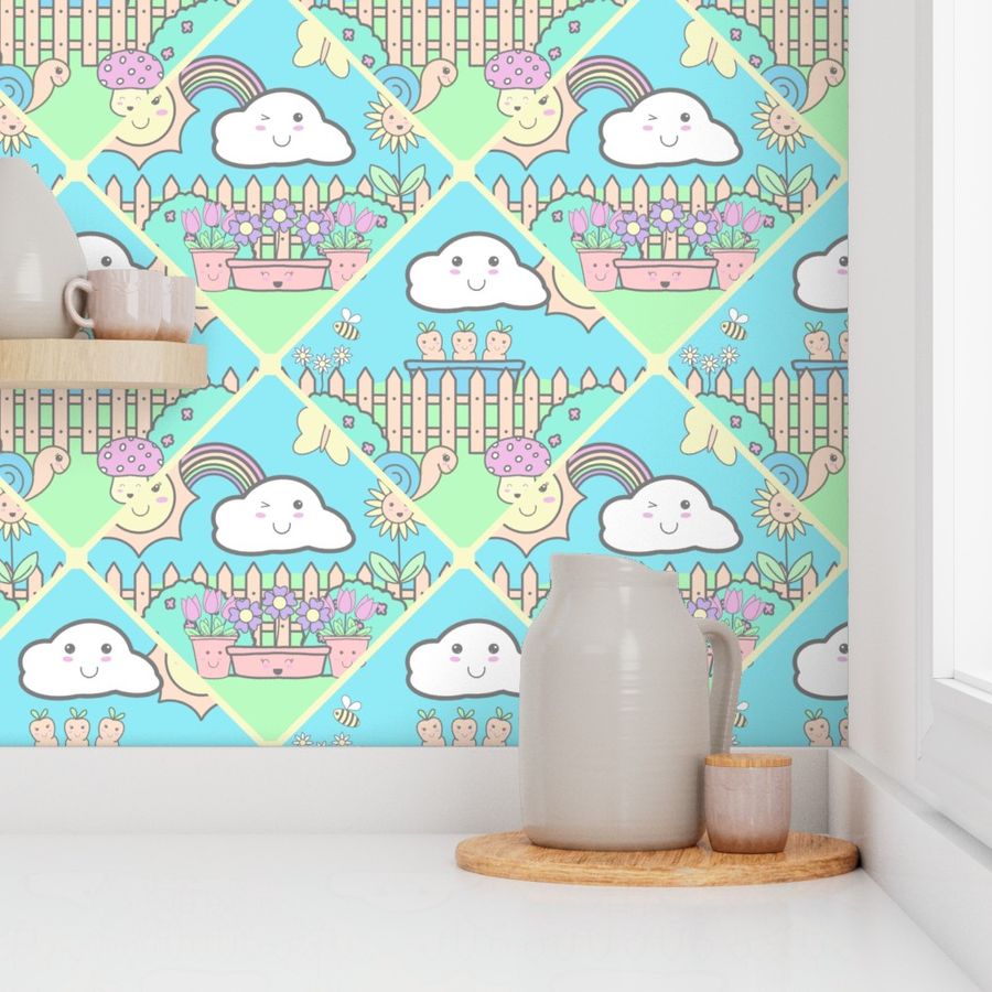 12” Cute Pastel Kawaii Garden Diamond Tile - Medium