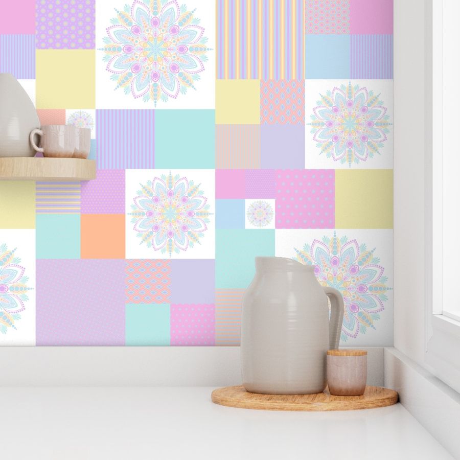 Large Pastel Rainbow Dot Mandala Patchwork Cheater Quilt